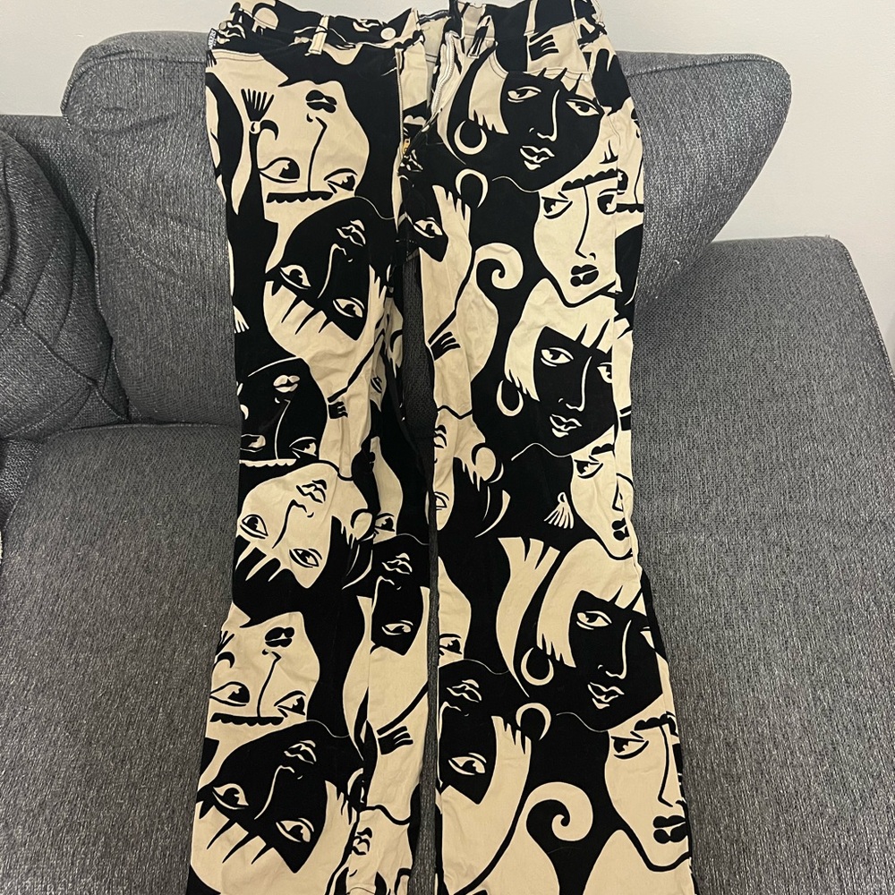 Parker Black and Cream Wide Leg Pants with Artistic Face design